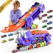 Dinosaur Truck Toy Transforms to Triceratops with Track & 12 Cars for Kids Ages