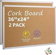 Corksidol Cork Board Bulletin Board- Sliver Aluminum Frame Corkboard for Wall - Message Board, Vision Board, Pin Board with Hidden Hooks, Wall Mounted for Home Office School, 36 X 24 Inches,2 Pack