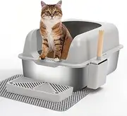 GRNupld Extra Large Stainless Steel Cat Litter Box with Trapping Mat, Enclosed XL Kitty Litter Tray with High Sided & Scoop, Cat Pan for Big & Multiple Cats, Non-Sticky, Anti-Leakage, No Smell