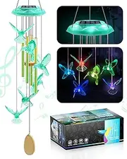 Hummingbird Solar Wind Chimes, Valentines Day Gifts for Him, Glowing Top Color Changing Hummingbirds Moblie LED Wind Chime for Outside, Outdoor Home Party Garden Decor Light(Green)