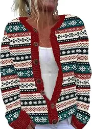 [Wzdszle] Christmas Cardigan Sweater for Women Floral Print Button Down Cute Christmas Tree Vintage Knitted Outerwear