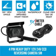 Elinz 4 PIN Heavy Duty 12V 24V CCD IR Reverse Reversing Camera Rearview 5M