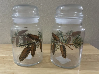 LOT OF 2 Vintage Libbey Pine Cone Glass Canister & Lid Pinecones New w/tag 7"