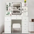 Vanity Makeup Desk Dressing Table With Light Mirror + Drawers + Stool Set