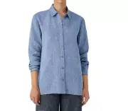 Eileen Fisher Yarn-Dyed Handkerchief Org Linen Classic Collar Shirt CHAMBRAY XL