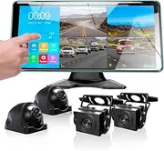 4K Backup Camera 4CH Dash Cam with 10.36" Quad Split Touch Screen & 4 AHD Front Rear Sides View Camera w/DVR Recording Music Video Playback Avoid Blind for RV Semi Trailer Truck Van