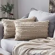 MIULEE Set of 2 Decorative Boho Throw Pillow Covers Linen Striped Jacquard Pattern Cushion Covers for Sofa Couch Living Room Bedroom 12x20 Inch Beige