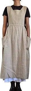 [PEHMEA] Women's Casual Cotton Linen Apron Long Gardening Working Pinafore Dress with Pockets