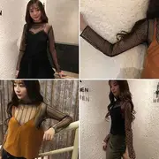 Long-Sleeve Mock Neck Mesh Top Stripe - Black - One Size