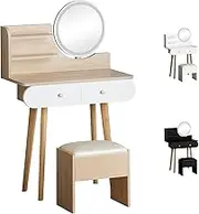 ALFORDSON Dressing Table and Stool Chair Set, Makeup Vanity Desk with LED Mirror, Dresser Organiser for Women Bedroom Dress Room Compact Design, Wood White Color