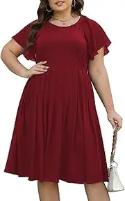 [Celkuser] Womens Round Neck Chiffon Short Sleeve A-line Midi Dress Casual Summer Dress Whith Pocket