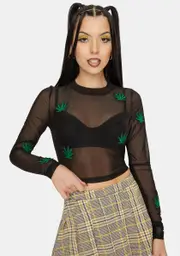 [Treasure The Funk] Embroidered Leaf Mesh Top