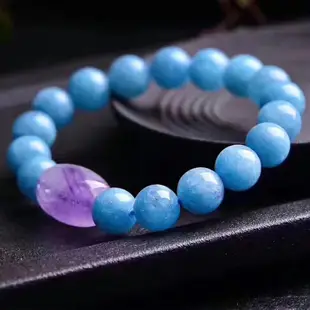開光 天然紫水晶轉運珠手鏈 天然海藍寶手鏈 單圈海藍寶手串