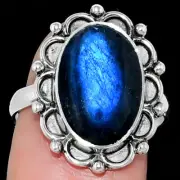 Blue Fire Labradorite - Madagascar 925 Sterling Silver Ring s.8.5 Jewelry R-1092