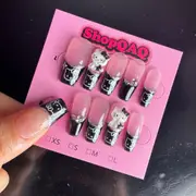 Handcrafted Hello Kitty Press-On Nails - Custom Dark-Themed Cartoon Kitty Nail Art