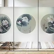 Privacy Window Film Round Classical Lotus Window Clings Non Adhesive Glass Windows Door Window Covering Decortive Window Tint for Home 34.6"x70.8"(88x180cm)