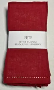 FETE NAPKINS (8) RED 55% LINEN 45% COTTON HEMSTITCH 18 X 18 NIP