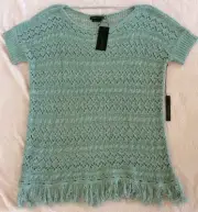 NEW BCBG MAXAZRIA Long Gray Fog Fringe Crochet Knit Boho Tunic Top L NWT $140