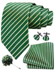 3.15"（8cm） Mens Stripe Tie and Lapel Pin Necktie Emerald Green / Yellow