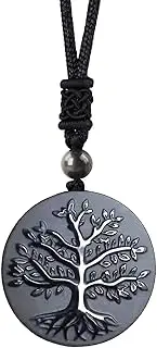 [Anjiucc] Natural Gemstone Tree of Life Black Obsidian/Golden Obsidian Pendant Necklace for Male and Female Necklace
