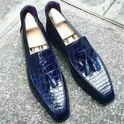 New Handmade Men Navy Blue Crocodile Shoes, Crocodile Textured Leather For Men's