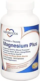 Magnesium Plus – 200 mg of Magnesium Glycinate and Magnesium Taurate for Blood Pressure, Heart, Brain, Sleep & Mood Support – Highly Concentrated and Well Absorbed - 120 Capsules