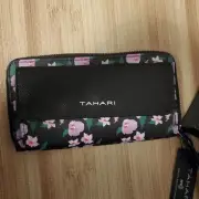Tahari Black Floral Front Pocket Organizer Wristlet Wallet NWT