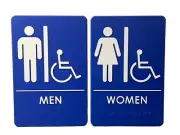 Set of Restroom Signs Men & Women 9" X 6" Blue with White Print ADA (bin J)