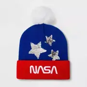 Girls NASA Flip Sequin Beanie Hat - Red Blue OSFM