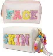 2 Preppy Patch Makeup Bag Chenille Letters Cosmetic Bag Personalized Initial Cute Face Skin Pu Leather Portable Waterproof Toiletry Bag with 1Silicone Keychain Travel Make up Bag for Women Teen Girls