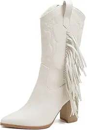 [TOSOFT] White Heels Cowboy Boots For Women Ladies Shoes Vintage Side Zip Mid-Calf Boots Fringe Cowgirl Boots With Tassel