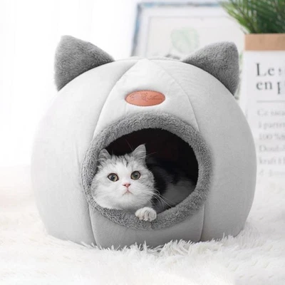 Dog Cat Bed Igloo Plush Faux Fur Hooded Kitten Pet Cave Puppy Bed Soft Calming *