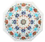 White Marble Coffee Table Top Floral Design Inlay Work End Table for Balcony
