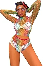 [Generic] Rainbow Fishnet Bodystockings Mesh Fishnet Bodysuit Elastic Fishnet Lingerie Rave Party Bodysuit for Women and Girls