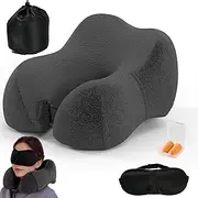 LarkLeaves Memory Foam Travel Neck Pillow with Adjustable Buckle & Washable Cover for Airplane/Car/Resting, Portable with Storage Bag & Side Pocket, Includes Ear Plugs & Eye Mask, Dark Grey