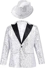 [inhzoy] Kids Boys Shiny Sequins Tuxedo Suit Jacket Coat with Fedora Hat Wedding Party Stage Performance Costume