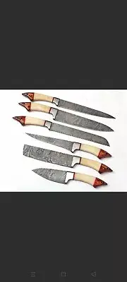 CUSTOM HAND MADE DAMASCUS STEEL FIXED BLADE CHEFF KNIVES SET 6 PICS INN.