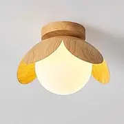 TONFON G9 Semi Flush Mount Ceiling Lamp Glass Shade Ceiling Light Wood Grain Finish Metal Body Ceiling Light Fixture for Hallway Entryway Foyer Stairwell Aisle Loft Restaurant Farmhouse Chandelier(B)