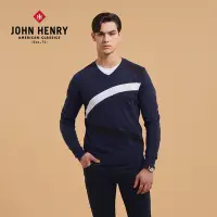 在飛比找Yahoo奇摩購物中心優惠-JOHN HENRY 黑白色條長袖針織衫-深藍