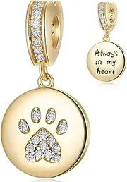 [CRISNATA] I Love My Pet Theme Charm-18k Yellow/Rose Gold Plated 925 Sterling Silver Dog Paw Print Round Bead Pendant, fits European Animal Charms Bracelet, Gifts for Mummy/Daughter/Grandma