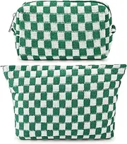 [SOIDRAM] 2 Pieces Makeup Bag Large Checkered Cosmetic Bag Capacity Canvas Mix Travel Toiletry Bag Organizer Cute Makeup Brushes Aesthetic Accessories Storage Bag for Women, Checkered Mix Green