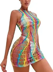 [Generic] Women Lingerie Fishnet Mini Dress Fishnet Lingerie Dress High Neck Babydoll Halter Stretch Chemise