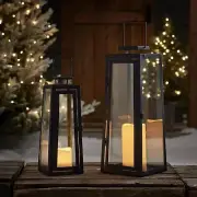 Set of Two Black Metal Battery Operated LED Flameless Candle Lanterns Lights