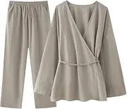 [Zadaos] Women Two Piece Set Lace Up Loose Coats Vintage Tops High Elastic Waist Trousers Casual Pants Sets