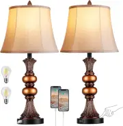 Set of 2 Touch Control Traditional Table Lamp, 27"H Bedside Lamps with 2 USB Cha