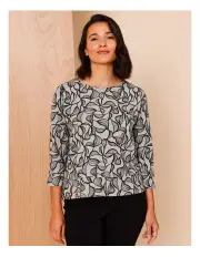 [Regatta] Boat Neck 3/4 Sleeve Tee in Greymarle/Black Monotone Leaf Print