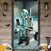 2D Door Banner 1pc Halloween Skull Bathroom Door Banner Multipurpose Polyester Party Decoration Haunted House Horror Theme No Electricity Needed with Indoor O