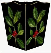 Marye-Kelley, "American Holly" on Black Holiday 12" Wooden Wastepaper Basket