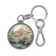 Lisbon Portugal Cityscape Round Acrylic Keyring, Baggage Tag, Zipper Charm