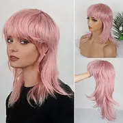 Mullet Wigs for Black Women Straight Wolf Cut Wig Mullet Wig Layered Mullet Wigs with Bangs Soft Synthetic Shag 80s 90s Mullet Wigs for Women Rocker Cosplay Wi